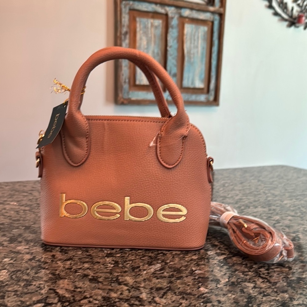 Bebe Tan Mini Bag with Gold Logo and Detachable crossbody Strap NWT